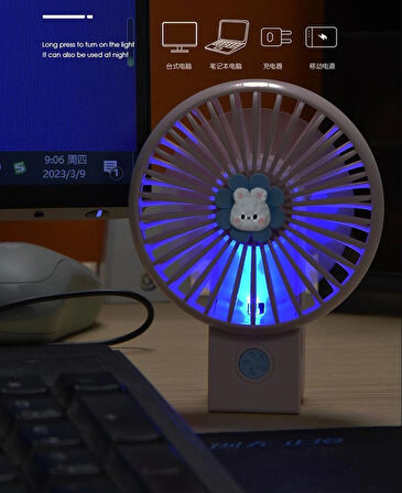 Coverzone Portatif Mini USB Fan Led Işıklı Masa Üstü 3 Seviye Dahili Işık Elde veya Masaüstü Kullanım Şarj Edilebilir Mini Vantilatör Soğutucu Cep Boyu 11cm Mini Fan YS2269 Yeşil