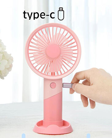 Coverzone Taşınabilir Mini USB Fan Telefon Standlı Masaüstü ve El Tipi 3 Kademeli Lityum Şarj Edilebilir Mini Vantilatör Soğutucu 20cm Mini Fan YM88176 - Pembe