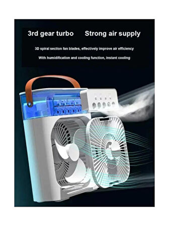Coverzone Mini Buharlı Hava Soğutucu, Taşınabilir Portatif Klima, Mobil Sulu Klima, 3 Rüzgar Hızı, 3 Sis Modu, Buzlu Vantilatör 5 Sprey Delikli ile , Renkli LED Işıklı Beyaz Renk - HR025 [Enerji Sınıfı A+]
