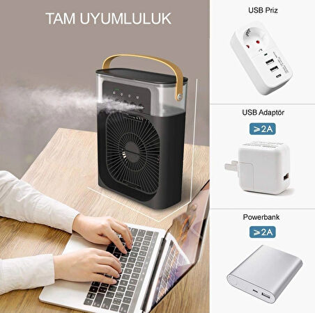 Coverzone Mini Buharlı Hava Soğutucu, Taşınabilir Portatif Klima, Mobil Sulu Klima, 3 Rüzgar Hızı, 3 Sis Modu, Buzlu Vantilatör 5 Sprey Delikli ile Renkli LED Işıklı Siyah Renk - HR025 [Enerji Sınıfı A+]
