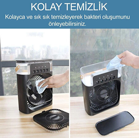 Coverzone Mini Buharlı Hava Soğutucu, Taşınabilir Portatif Klima, Mobil Sulu Klima, 3 Rüzgar Hızı, 3 Sis Modu, Buzlu Vantilatör 5 Sprey Delikli ile Renkli LED Işıklı Siyah Renk - HR025 [Enerji Sınıfı A+]