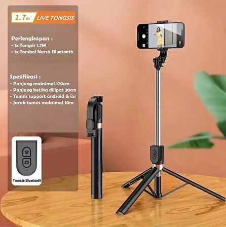 Coverzone 170cm Tripod Ve Selfie Çubuğu K9 Bluetooth Uzaktan Kumandalı Cep Telefonu Yüksekliği Ayarlanabilir Masaüstü Portatif Taşınabilir İç ve Dış Mekan Evde Tatilde Kampda Kullanıma Uygun (K9)