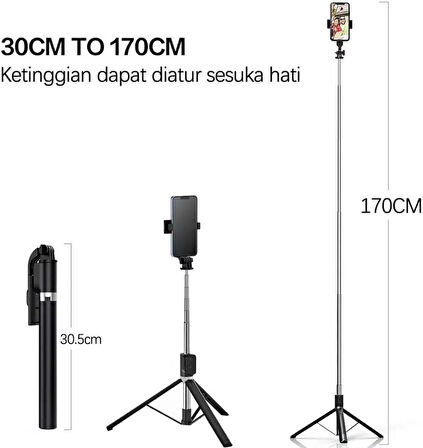 Coverzone 170cm Tripod Ve Selfie Çubuğu K9 Bluetooth Uzaktan Kumandalı Cep Telefonu Yüksekliği Ayarlanabilir Masaüstü Portatif Taşınabilir İç ve Dış Mekan Evde Tatilde Kampda Kullanıma Uygun (K9)