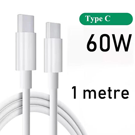 Coverzone Type-C to Type-C 60W iPhone 15 Uyumlu Data ve Şarj Kablo 1 Metre Uzunluk Beyaz Renk USB C to USB C Kablo