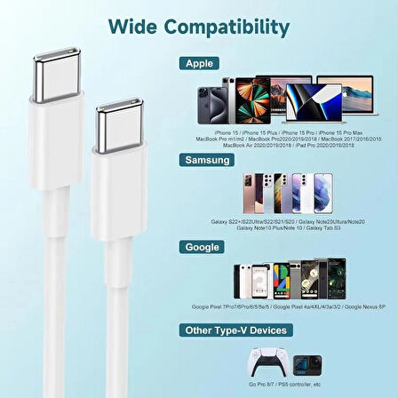 Coverzone Type-C to Type-C 60W iPhone 15 Uyumlu Data ve Şarj Kablo 1 Metre Uzunluk Beyaz Renk USB C to USB C Kablo