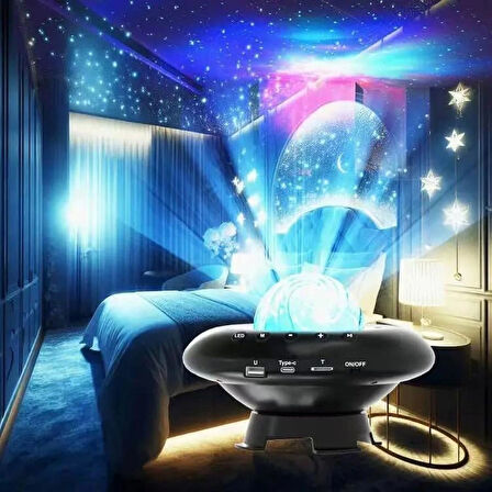 Coverzone Galaksi Gökyüzü ve Yıldızları Yansıtan Gece Lambası Hoparlör Özellikli LED Rgb Işıklı Telefon ile Bluetooth Bağlantı RGB Starry Sky Light Speaker CH-M26