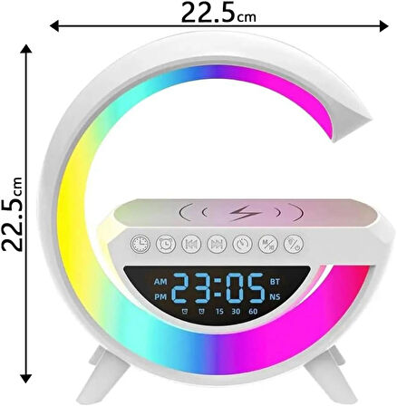 Coverzone Kablosuz Şarj İstasyonu Speaker Özellikli Led Işıklı FM Radyolu Harika Bluetooth Speaker iPhone Uyumlu ve Samsung Uyumlu Telefon Şarj Standı Lithium Bataryalı 22.5cm x 22.5cm B3401