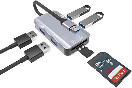 Coverzone Çoklayıcı Adaptör 6 in 1 USB To USB A, SD Kart TF Kart Macbook uyumlu Çevirici Adaptör Çok Portlu Çoklayıcı 6 in 1 USB HUB ZR786