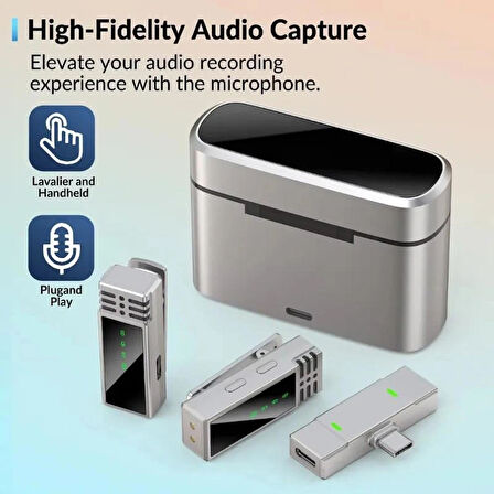 Coverzone LCD Ekran Kablosuz Yaka Mikrofonu 2'li iPhone 15 ile Uyumlu TYPE-C Portlu Telefon PC Tablet Video Kayıt Röportaj Canlı Yayın Vlog Kablosuz Mikrofon MW-15