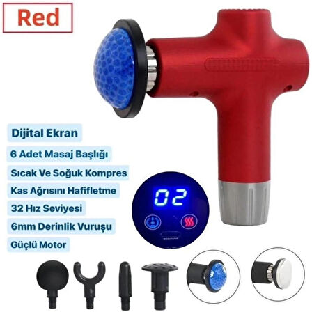 Coverzone Yeni Nesil Masaj Aleti Isıtmalı Derin Doku Kas Masaj Tabancası Masajı 20W Type-C Hızlı Şarj Girişli 6 Farklı Masaj Başlıklı CVR711 Kırmızı