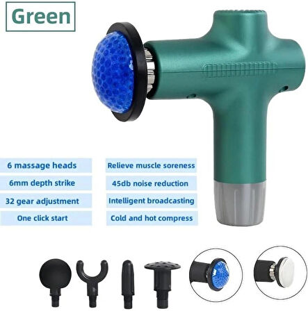 Coverzone Yeni Nesil Masaj Aleti Isıtmalı Derin Doku Kas Masaj Tabancası Masajı 20W Type-C Hızlı Şarj Girişli 6 Farklı Masaj Başlıklı CVR711 Yeşil