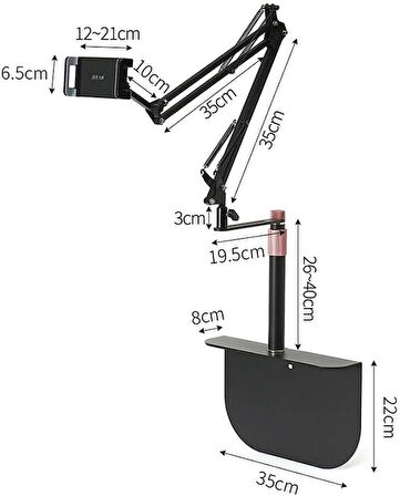 Coverzone Profesyonel 80cm Kol Uzunluğu Koltuk Yatak veya Masaüstü Montaj Tablet Tutucu Açısı Ayarlanabilir 360 Derece Dönebilen Kol Ve Alüminyum Gövde Siyah Renk CT8