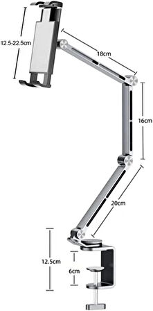 Profesyonel 4 Eklemli Telefon ve Tablet Tutucu Yüksekliği Ayarlanabilir 360 Derece Dönebilen Kol Ve İpad Uyumlu Telefon Standı Olan Metal Taban Alüminyum Gövde 54cm Kol Uzunluğu CT9