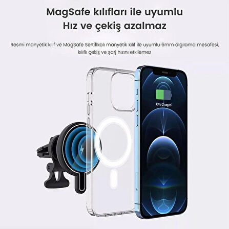 Coverzone iPhone 13 14 15 Uyumlu 15W Kablosuz Araç İçi Cep Telefonu Şarj 2in1 Telefon Tutucu ve Şarj Araç Magsafe Uyumlu Wireless Şarj Havalandırma ve Izgarasına Montaj D9