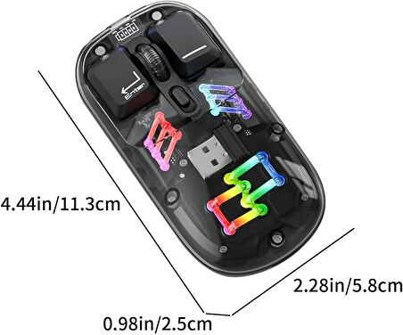 Coverzone Şarjlı Transparan RGB Çift Modlu Kablosuz Mouse 1600 DPI Dual Mode Wireless Notebook Uyumlu Bilgisayar Faresi KM16