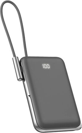 Coverzone Magsafe Uyumlu Powerbank PD20W Dahili Type-C Kablolu Dijital Göstergeli 10000 mAh Kablosuz Şarj iPhone 16 Uyumlu Güç Bankası CDB001 (Siyah)