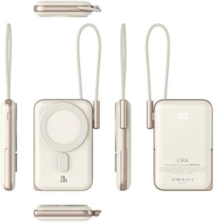 Coverzone Magsafe Uyumlu Powerbank PD20W Dahili Type-C Kablolu Dijital Göstergeli 10000 mAh Kablosuz Şarj iPhone 15 16 Uyumlu Güç Bankası CDB001 (Natural Grey)