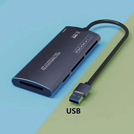 Coverzone Kart Okuyucu USB Kablolu Çoklu Portatif Taşınabilir Card Reader TF/SD/MS /M2 /XD/CF Card Memory Stick Tak Çalıştır (ZR802 - USB Kablo)