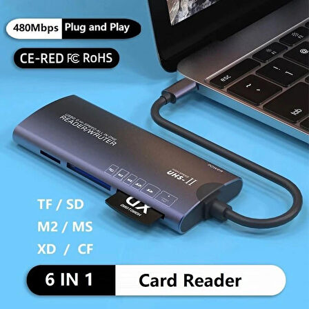 Coverzone Kart Okuyucu Type-c Kablolu Çoklu Portatif Taşınabilir Tip C Card Reader TF/SD/MS /M2 /XD/CF Card Memory Stick Tak Çalıştır (ZR803 - Type C Kablo)