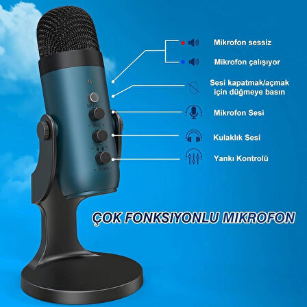 Coverzone Profesyonel Stüdyo Mikrofon Kayıt Condenser Masaüstü Canlı Yayın Mikrofonu PC USB C, Oyun, Podcast, Kayıt, Yayın, ASMR Sessiz/Kazanç/Eko, Telefon Adaptörü, Mac, Windows ile Uyumlu K66 Teal