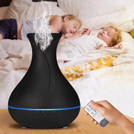 Coverzone Uçucu Yağ Difüzör 550ml Uzaktan Kumandalı LED Aromaterapi Ahşap Görünümlü Hava Nemlendirici USB LED Işık Hava Aroma Nemlendirici Meditasyon Ve Yoga İçin 21cm x 17cm (550ml Siyah)