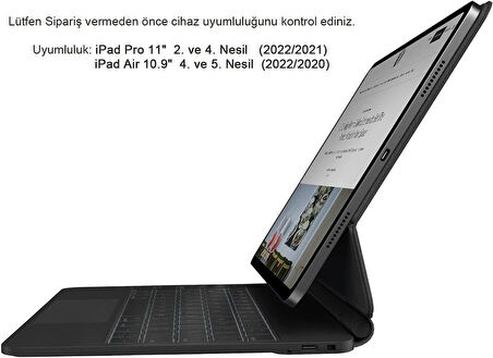 Coverzone Bluetooth Kablosuz Bağlantı Magnetic Klavyeli Akıllı Kılıf 2. ve 4. Nesil iPad Pro ile Uyumlu 11" (2022/2021) ve iPad Air ile Uyumlu 10.9" 4. ve 5. Nesil (2022/2020) NPDP11