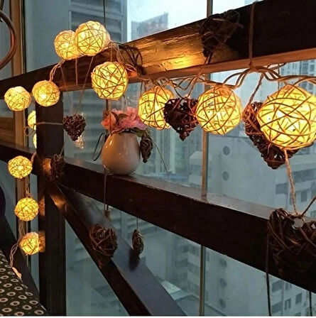 Coverzone 10'lu Rattan Topu Pille Çalışan 2 Metre Led Işık Dekoratif Aydınlatma Ev Dekorasyonu Süsleme Salon Oda Merdiven Balkon Süslemeleri için Yılbaşı Eğlence Doğum Günlerine Özel Aydınlatma [Enerji Sınıfı A+]