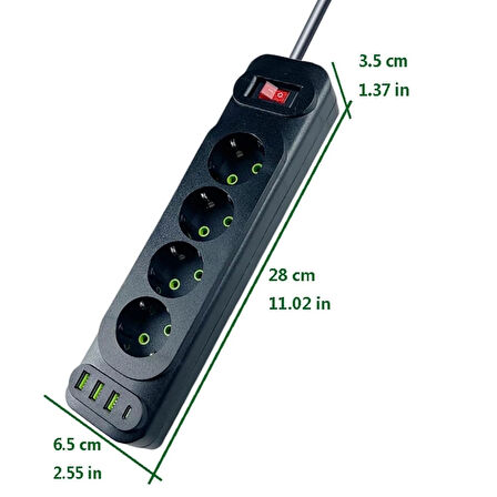 Coverzone Dörtlü Priz 3 USB-A ve 1 USB C Portlu Uzatma Kablo 2500W ON/OFF Açma Kapama Düğmeli 1.8 Metre Uzatma Kablolu 4'lü Grup Priz  (Siyah - Dörtlü - F24U)