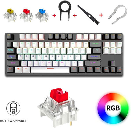 Leaven K550 Kablolu Klavye Led RGB 87 Tuşlu Mekanik Oyuncu Işıklı Klavye Ergonomik Tasarım Rahat 150cm Kablo Bilgisayar PC için Siyah-Beyaz Klavye Kırmızı Switch