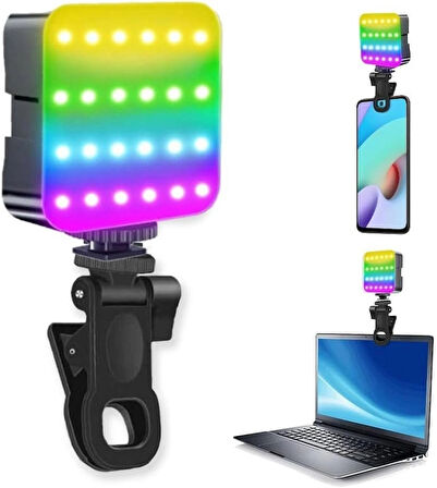 Coverzone Cep Telefonu Çakarlı Dolgu Işık, Canlı Yayın Için Mini Taşınabilir Kısılabilir Yüksek Parlaklık RGB Selfie Işık Paneli, Kıskaçlı Telefon ve Notebook Tutucu, YouTuber Yayıncı Işığı D12S