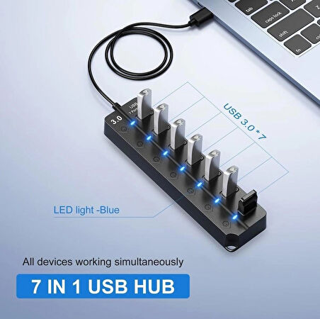 Coverzone 7 Bağlantı Noktalı USB Hub Bölücü Çoklu Hub USB 3.0 Adaptörü USB Çoklu Bağlantı Noktalı Anahtarlı ve Işıklı Güç Adaptörü ZR790