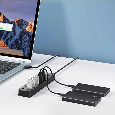 Coverzone 7 Bağlantı Noktalı USB Hub Bölücü Çoklu Hub USB 3.0 Adaptörü USB Çoklu Bağlantı Noktalı Anahtarlı ve Işıklı Güç Adaptörü ZR790