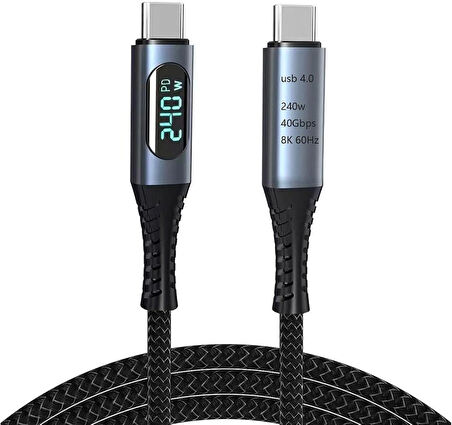 Coverzone 240W USB 4.0 Kablosu, Led Ekranlı, Tunderbolt 40Gbps 8K@60Hz PD Tip C Kablosu, USB C - USB C Erkek - Erkek Kablo Kablosu Bilgisayar Type-C Laptop Pad Hub için 1 Metre ZR850