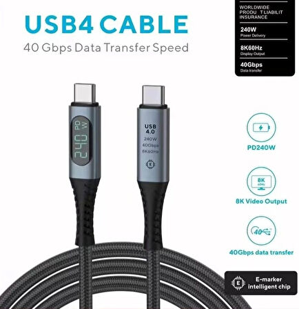 Coverzone 240W USB 4.0 Kablosu, Led Ekranlı, Tunderbolt 40Gbps 8K@60Hz PD Tip C Kablosu, USB C - USB C Erkek - Erkek Kablo Kablosu Bilgisayar Type-C Laptop Pad Hub için 1 Metre ZR850