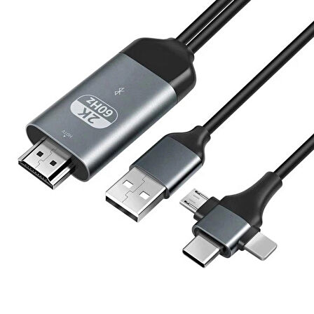 Coverzone Phone to HDMI Kablo, 2K 60Hz 200cm Yüksek Hızlı, 3in1 Kablo Telefondan HDMI Çıkış Kablo 2 Metre Kablo Uzunluğu Type-C Lightning Micro USB Çevirici ZR847