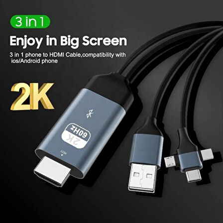 Coverzone Phone to HDMI Kablo, 2K 60Hz 200cm Yüksek Hızlı, 3in1 Kablo Telefondan HDMI Çıkış Kablo 2 Metre Kablo Uzunluğu Type-C Lightning Micro USB Çevirici ZR847