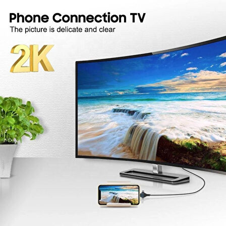Coverzone Phone to HDMI Kablo, 2K 60Hz 200cm Yüksek Hızlı, 3in1 Kablo Telefondan HDMI Çıkış Kablo 2 Metre Kablo Uzunluğu Type-C Lightning Micro USB Çevirici ZR847