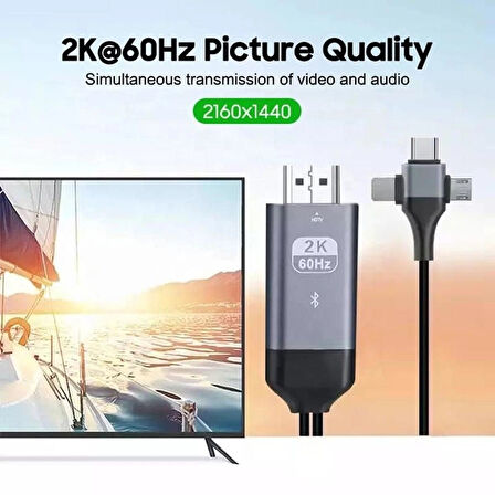 Coverzone Phone to HDMI Kablo, 2K 60Hz 200cm Yüksek Hızlı, 3in1 Kablo Telefondan HDMI Çıkış Kablo 2 Metre Kablo Uzunluğu Type-C Lightning Micro USB Çevirici ZR847