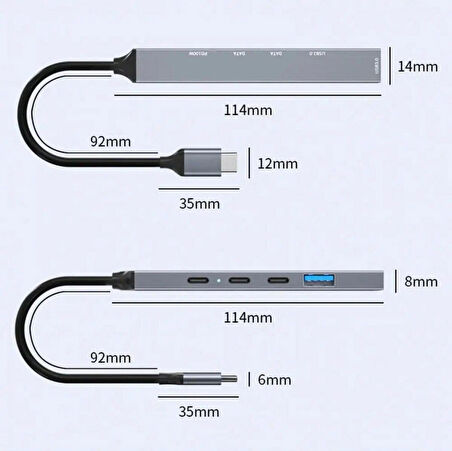 Coverzone PD100W 5Gbps 5in1 Extender Çevirici, Type-C ve USB Hub, Type-C ve USB Çıkışlı USB C Hub Adaptörü Macbook ile Uyumlu ZR869