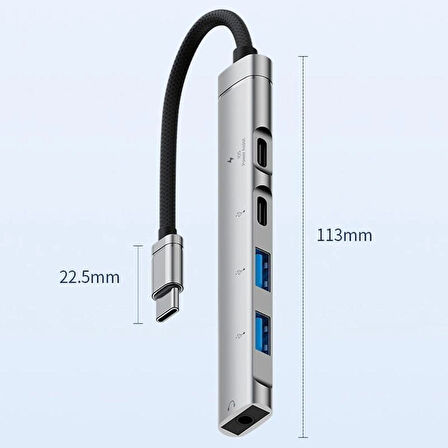 Coverzone Type-C Hub, 5in1, 2 Adet Type-C, 2 Adet USB-A Çoklayıcı, 3,5 mm Kulaklık Çıkışlı USB C Hub Adaptörü Macbook ile Uyumlu H03