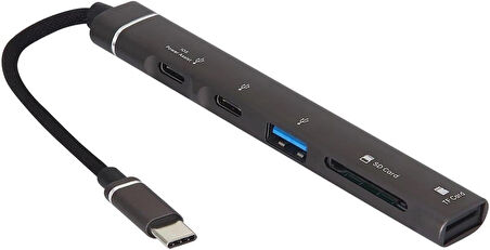 Coverzone Type-C Hub, 5in1, 2 Adet Type-C, 1 Adet USB-A Çoklayıcı, TF Kart Girişli USB C Hub Adaptörü SD Kart Okuyucu Macbook ile Uyumlu H02 ZR888