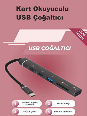 Coverzone Type-C Hub, 5in1, 2 Adet Type-C, 1 Adet USB-A Çoklayıcı, TF Kart Girişli USB C Hub Adaptörü SD Kart Okuyucu Macbook ile Uyumlu H02 ZR888