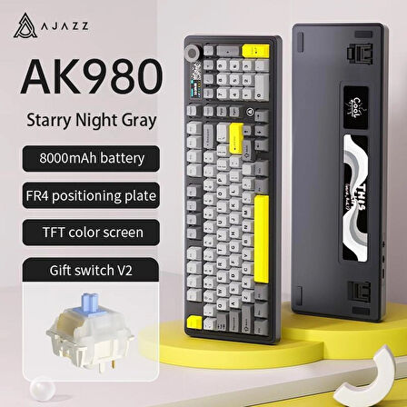 Coverzone Ajazz AK980 Ekranlı Mekanik Klavye RGB, Tam Boy Hot-Swap 3 Modlu 8000 Mah Batarya Oyun Klavyesi, Bluetooth /2.4g Kablosuz/Type-C Kablolu Siyah/Gift Switch