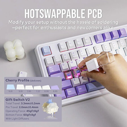 Coverzone Ajazz AK980 Ekranlı Mekanik Klavye RGB, Tam Boy Hot-Swap 3 Modlu 8000 Mah Batarya Oyun Klavyesi, Bluetooth /2.4g Kablosuz/Type-C Kablolu Mor/Gift Switch