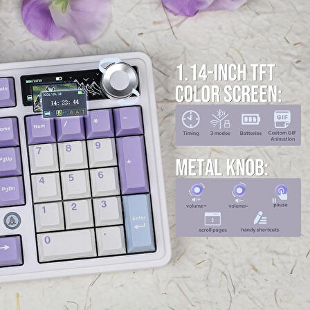 Coverzone Ajazz AK980 Ekranlı Mekanik Klavye RGB, Tam Boy Hot-Swap 3 Modlu 8000 Mah Batarya Oyun Klavyesi, Bluetooth /2.4g Kablosuz/Type-C Kablolu Mor/Gift Switch