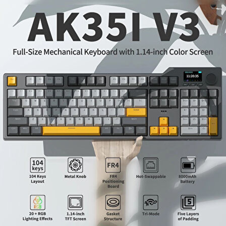 Coverzone Ajazz AK35i V3 Kablosuz Mekanik Oyuncu Klavyesi-Gasket Gövde Yapısı Dinamik RGB-TFT Ekranlı Siyah/Avakado Switch