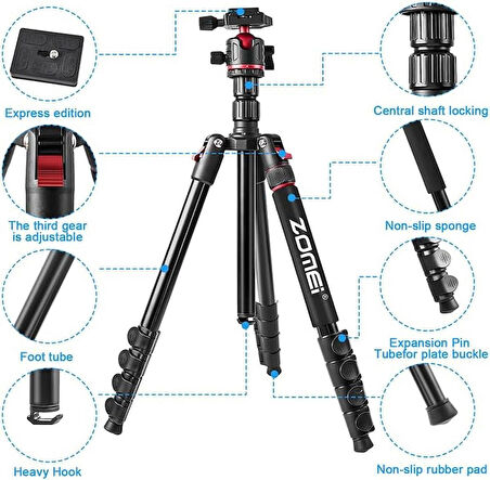 Coverzone Zomei Q200 Profesyonel Tripod & Monopod - Kaliteli Alüminyum Taşınabilir 200 cm Yükseklik Telefon Tutucu ve Bluetooth Kumanda ile Birlikte