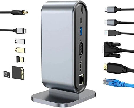 Coverzone USB C to HDTV + VGA + 7 Ports HUB + SD/TF Readcarder SB C Hub Dizüstü Bilgisayar Bağlantı İstasyonu, VGA ile 12'si 1 Arada Dock, HDMI 4K, 100Mbps Ethernet, 3 x USB-A 3.0 ve 100W USB- ZR773