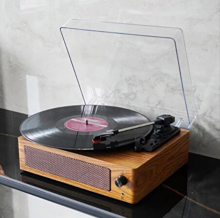 Coverzone Klasik Görünümlü Pikap Hoparlörlü Vintage Ahşap Görünümlü Bluetooth Bağlantı 33 45 78 Dönüş Hızı Nostaljik Pikap R108 (Kahverengi)