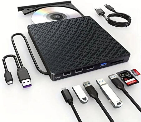Coverzone 7in1 Harici USB 3.0 ve Type-C DVD-ROM DVD-RW Optik Sürücü, USB ve Type C Kablolu, PC, Tablet, DVD Player, Desenli Tasarım Ultra Slim CD ROM Okuyucu CV440
